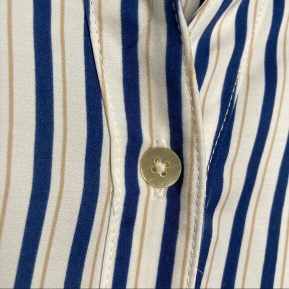 Chico's Wms Sz 0 Blue White Gold Striped Button Up Blouse Career Casual Roll Tab - Picture 6 of 11